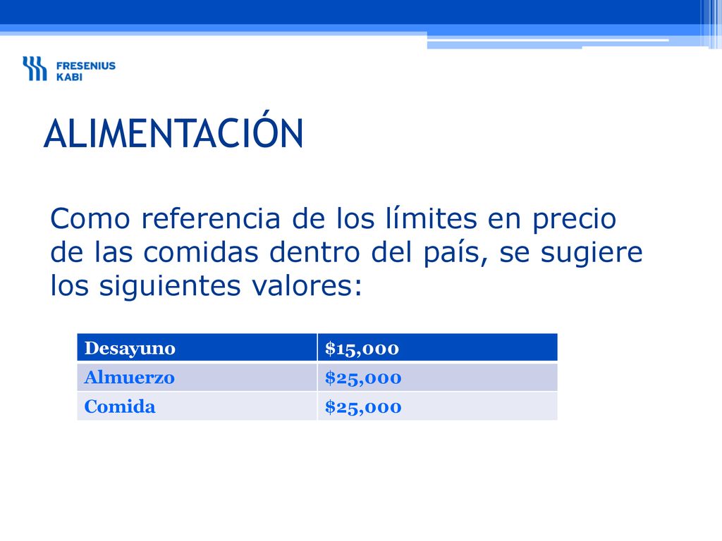 ALIMENTACIÓN Como referencia de los límites en precio de las comidas dentro del país, se sugiere los siguientes valores: