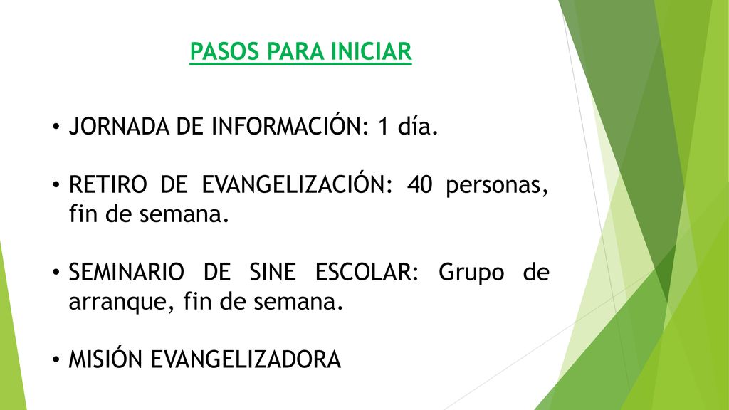 PASOS PARA INICIAR JORNADA DE INFORMACIÓN: 1 día. RETIRO DE EVANGELIZACIÓN: 40 personas, fin de semana.