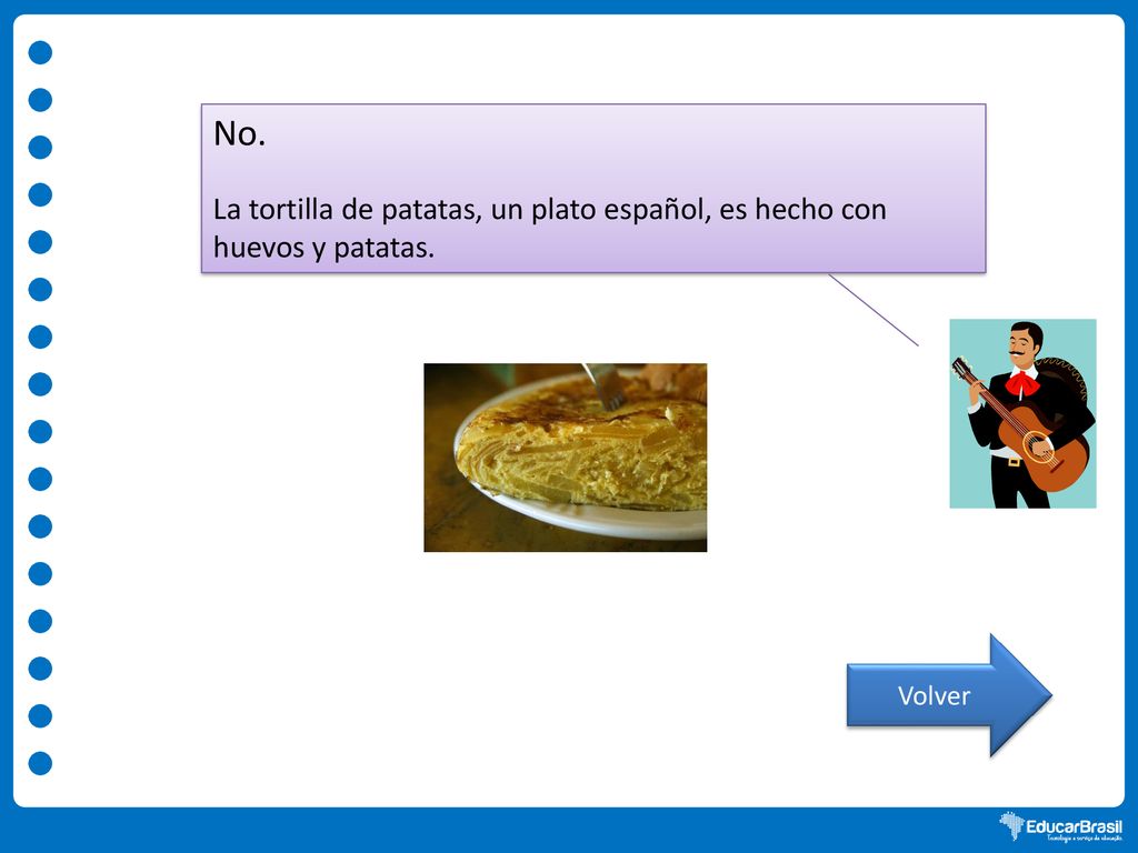 No. La tortilla de patatas, un plato español, es hecho con huevos y patatas. Volver