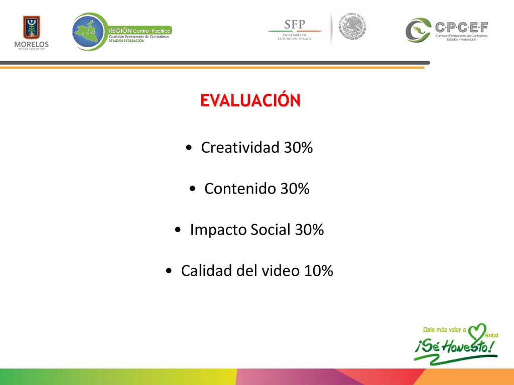 EVALUACIÓN Creatividad 30% Contenido 30% Impacto Social 30% Calidad del video 10%