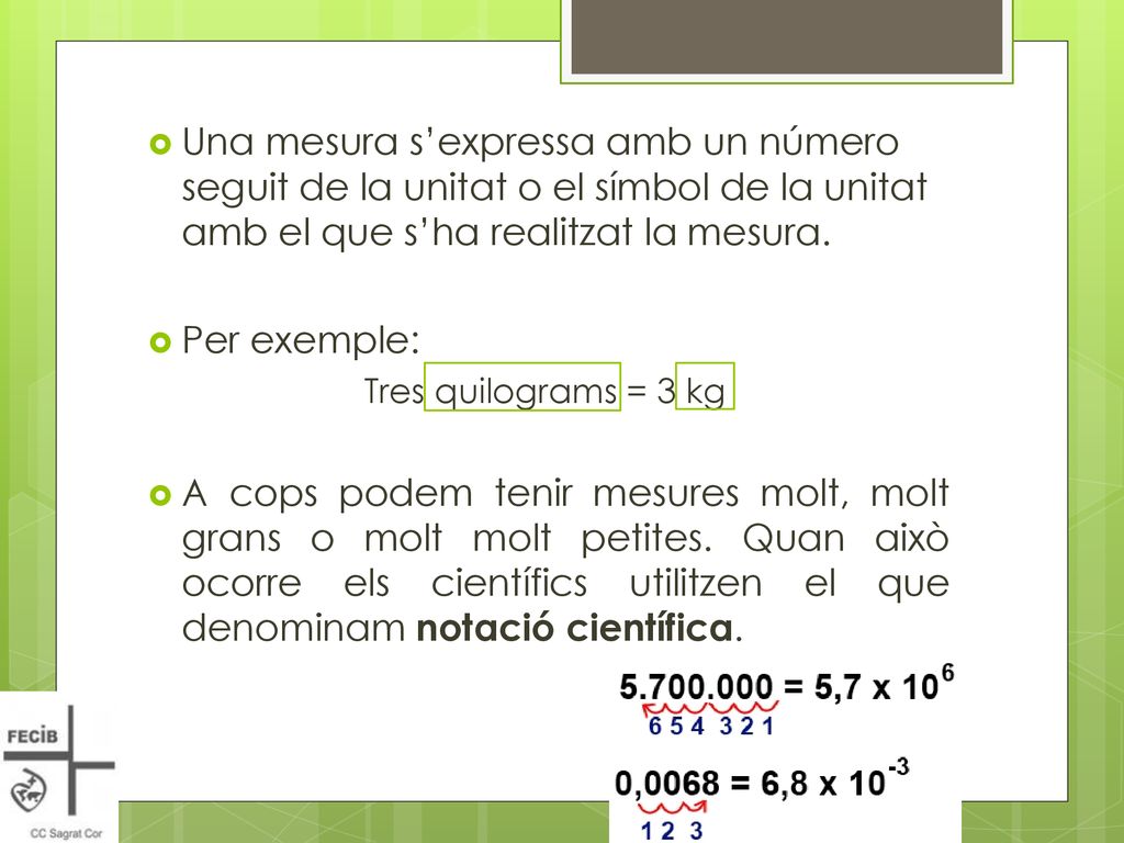 Una mesura s’expressa amb un número seguit de la unitat o el símbol de la unitat amb el que s’ha realitzat la mesura.