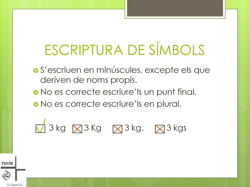 ESCRIPTURA DE SÍMBOLS S’escriuen en minúscules, excepte els que deriven de noms propis. No es correcte escriure’ls un punt final.