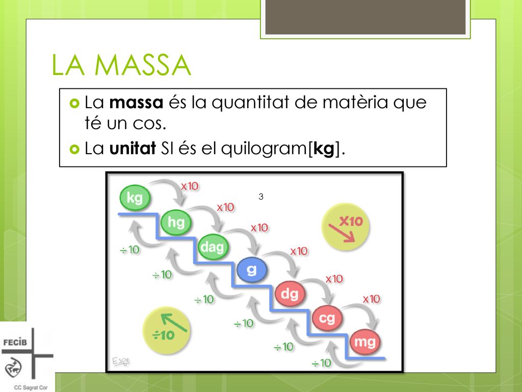 LA MASSA La massa és la quantitat de matèria que té un cos.