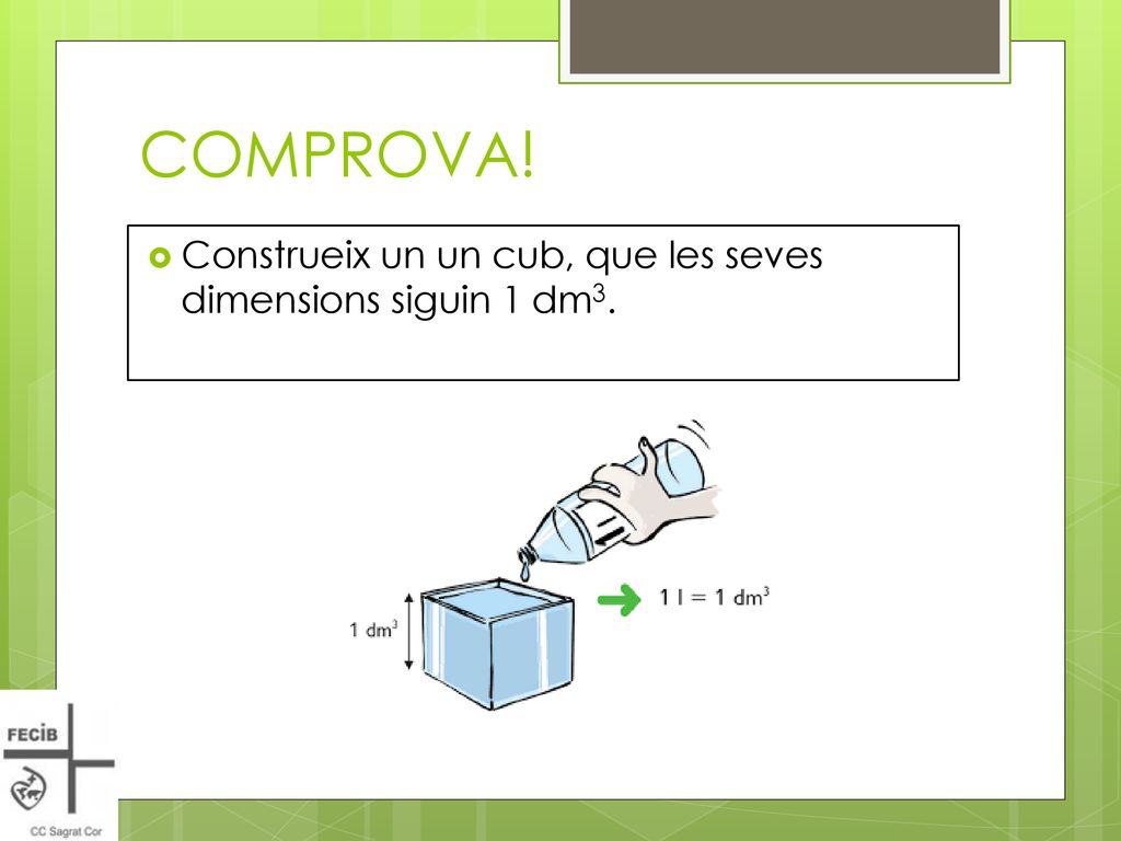 COMPROVA! Construeix un un cub, que les seves dimensions siguin 1 dm3.