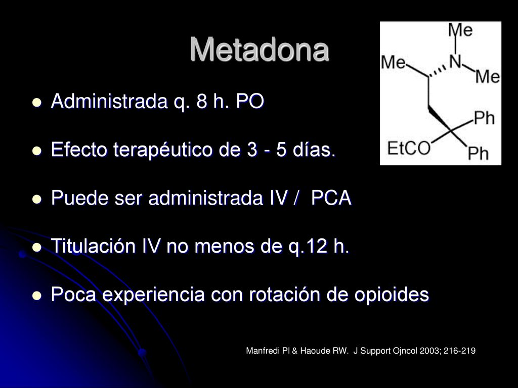 Metadona Administrada q. 8 h. PO Efecto terapéutico de días.
