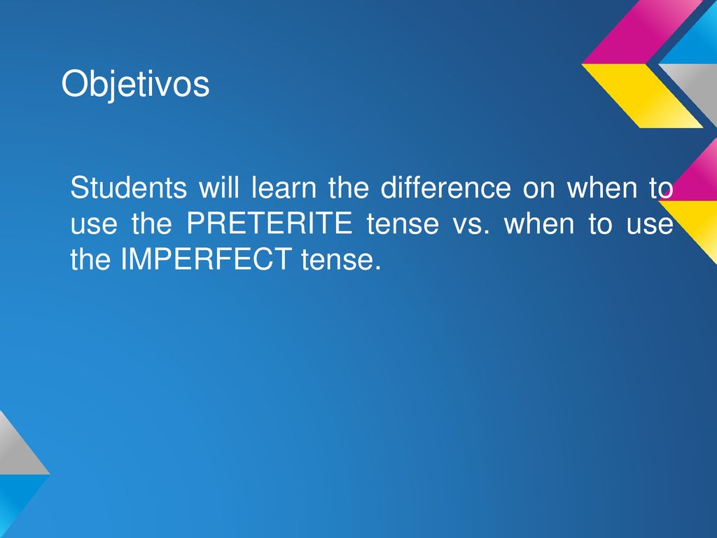 Objetivos Students will learn the difference on when to use the PRETERITE tense vs.