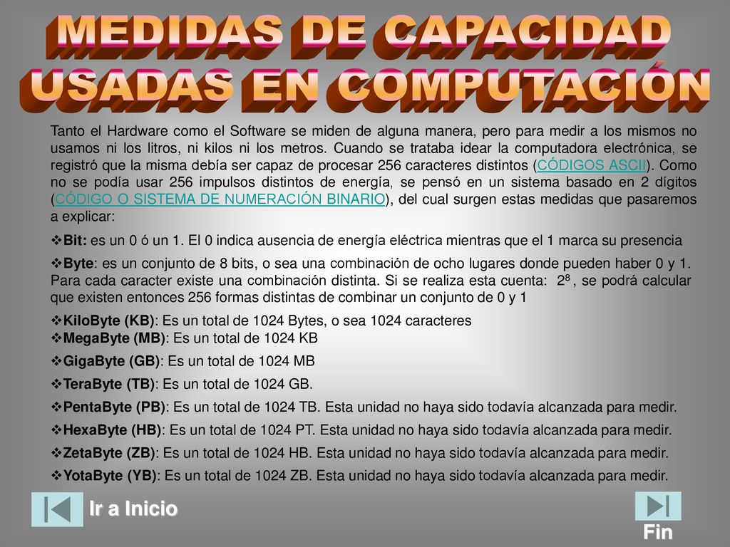 MEDIDAS DE CAPACIDAD USADAS EN COMPUTACIÓN Ir a Inicio Fin
