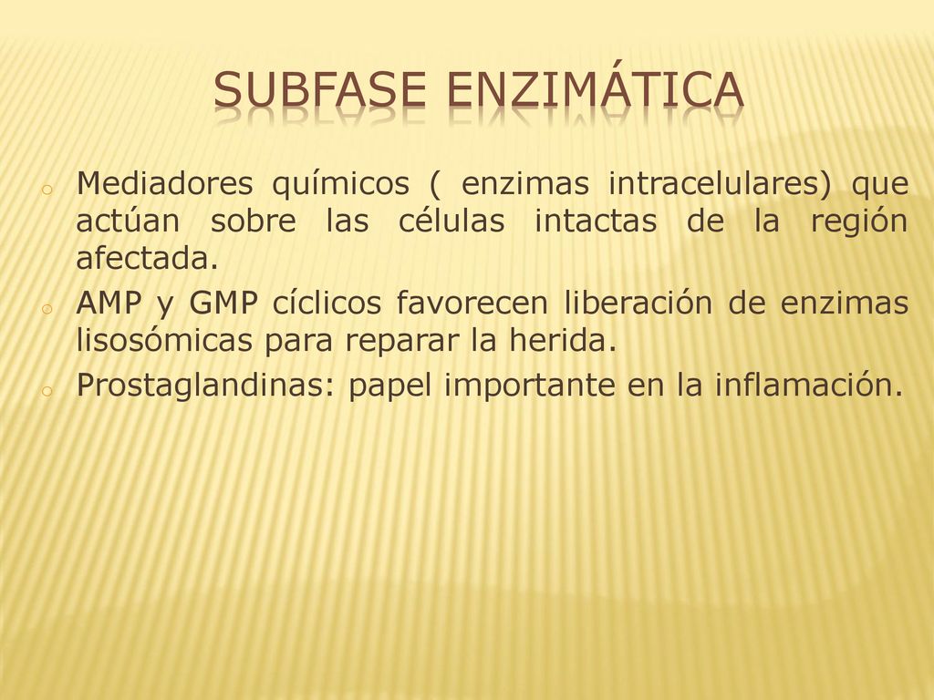 Subfase Enzimática Mediadores químicos ( enzimas intracelulares) que actúan sobre las células intactas de la región afectada.
