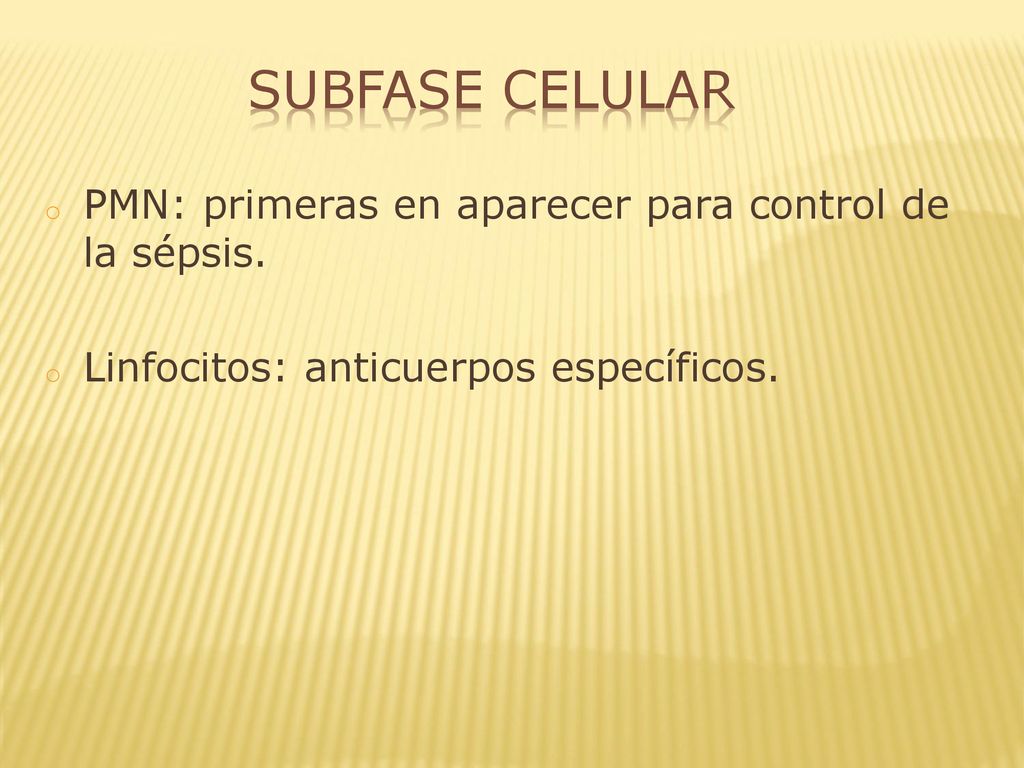 Subfase Celular PMN: primeras en aparecer para control de la sépsis.