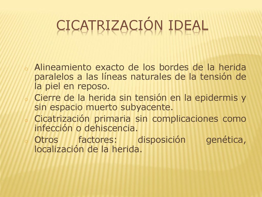 Cicatrización Ideal Alineamiento exacto de los bordes de la herida paralelos a las líneas naturales de la tensión de la piel en reposo.