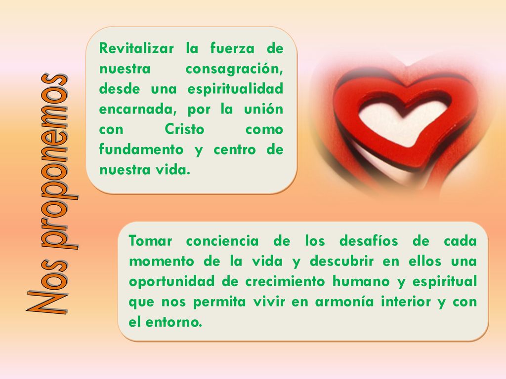 Revitalizar la fuerza de nuestra consagración, desde una espiritualidad encarnada, por la unión con Cristo como fundamento y centro de nuestra vida.