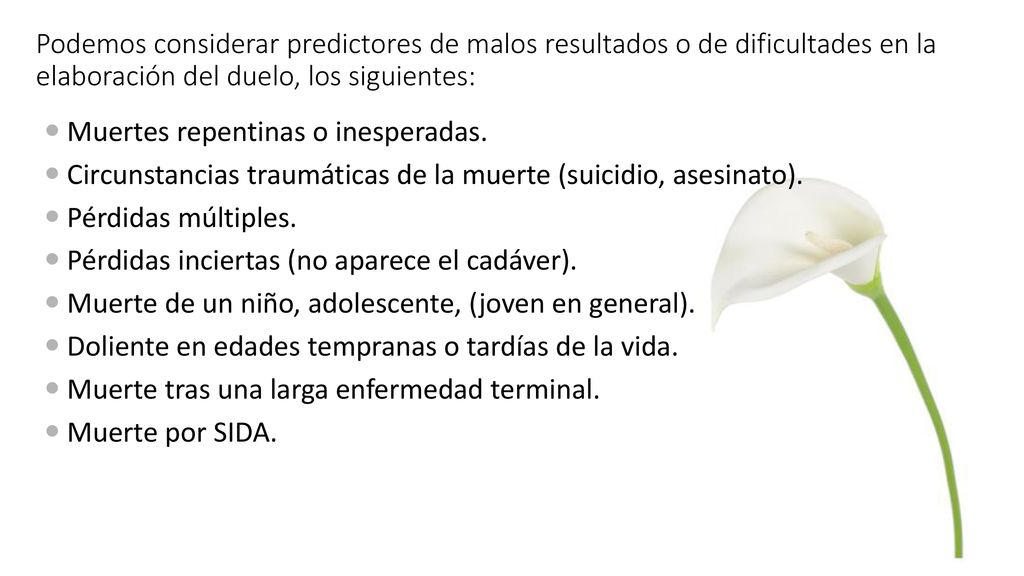 Podemos considerar predictores de malos resultados o de dificultades en la elaboración del duelo, los siguientes: