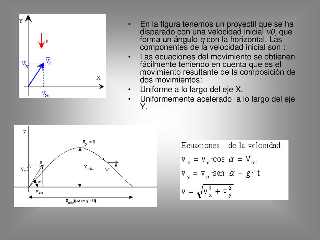 En la figura tenemos un proyectil que se ha disparado con una velocidad inicial v0, que forma un ángulo q con la horizontal. Las componentes de la velocidad inicial son :