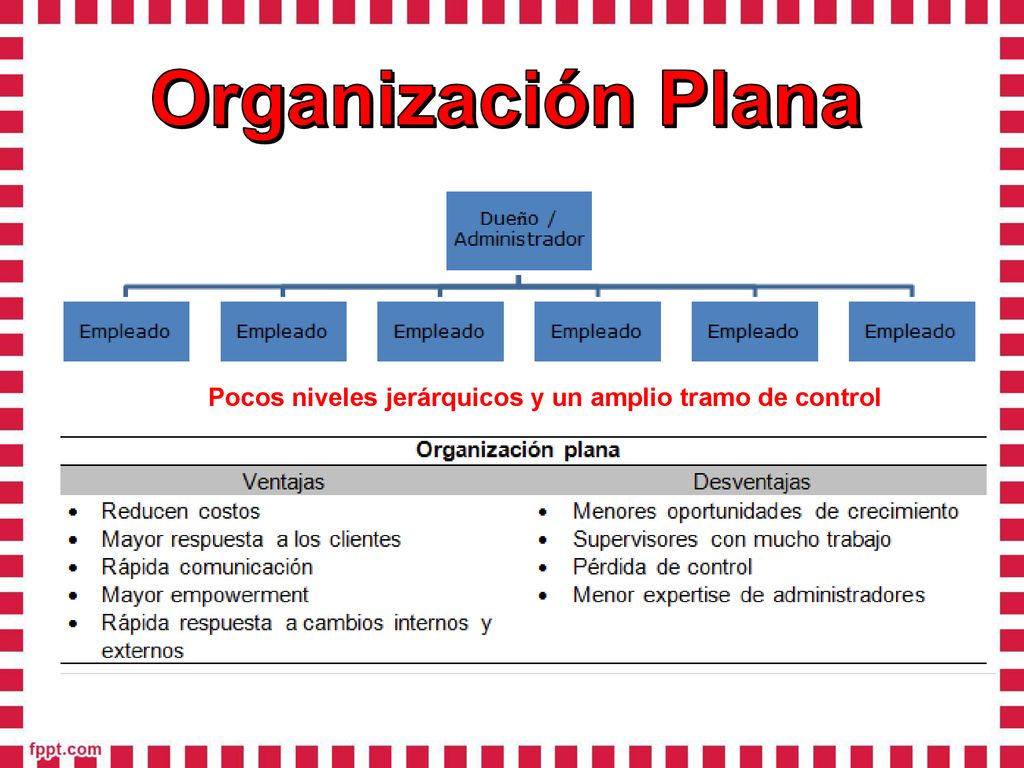 Organización Plana Pocos niveles jerárquicos y un amplio tramo de control