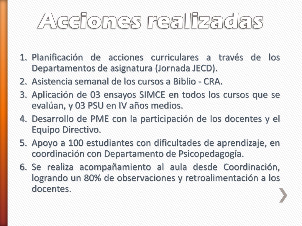 Acciones realizadas Planificación de acciones curriculares a través de los Departamentos de asignatura (Jornada JECD).