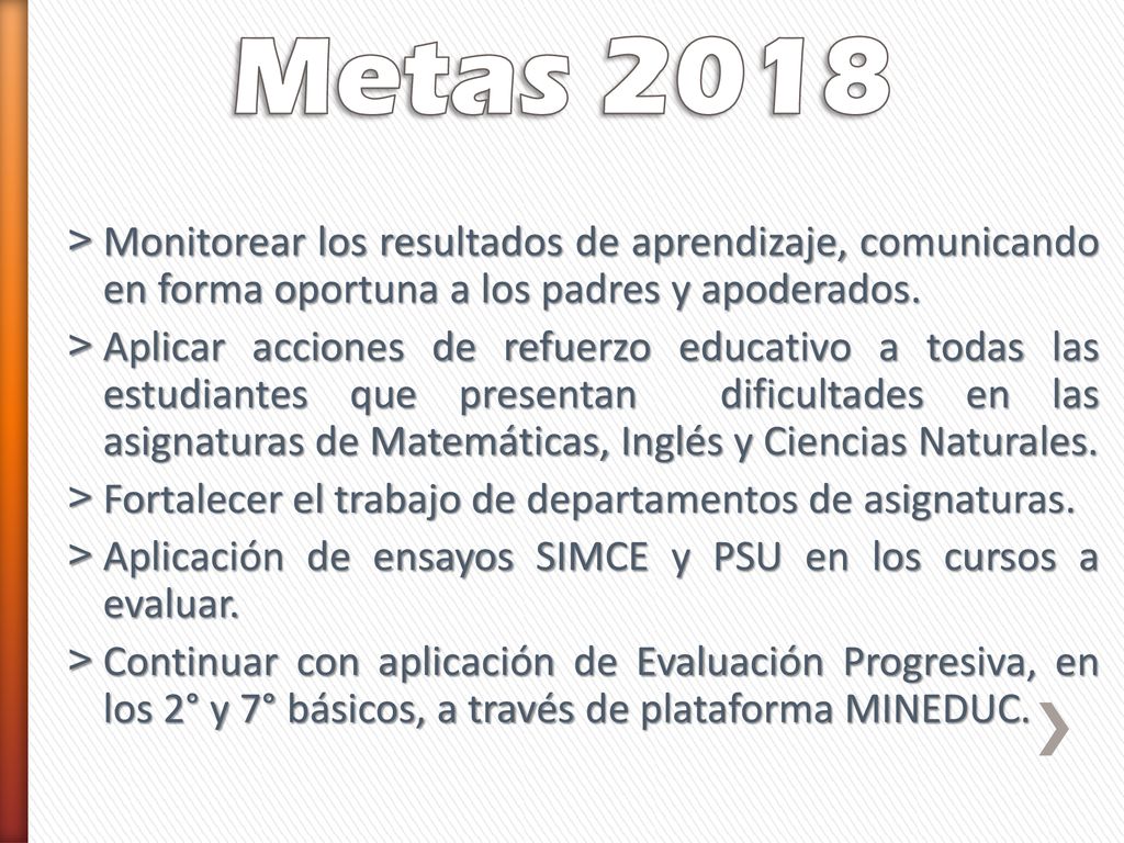 Metas 2018 Monitorear los resultados de aprendizaje, comunicando en forma oportuna a los padres y apoderados.