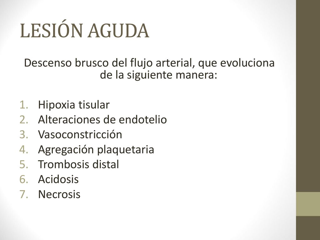 LESIÓN AGUDA Descenso brusco del flujo arterial, que evoluciona de la siguiente manera: Hipoxia tisular.