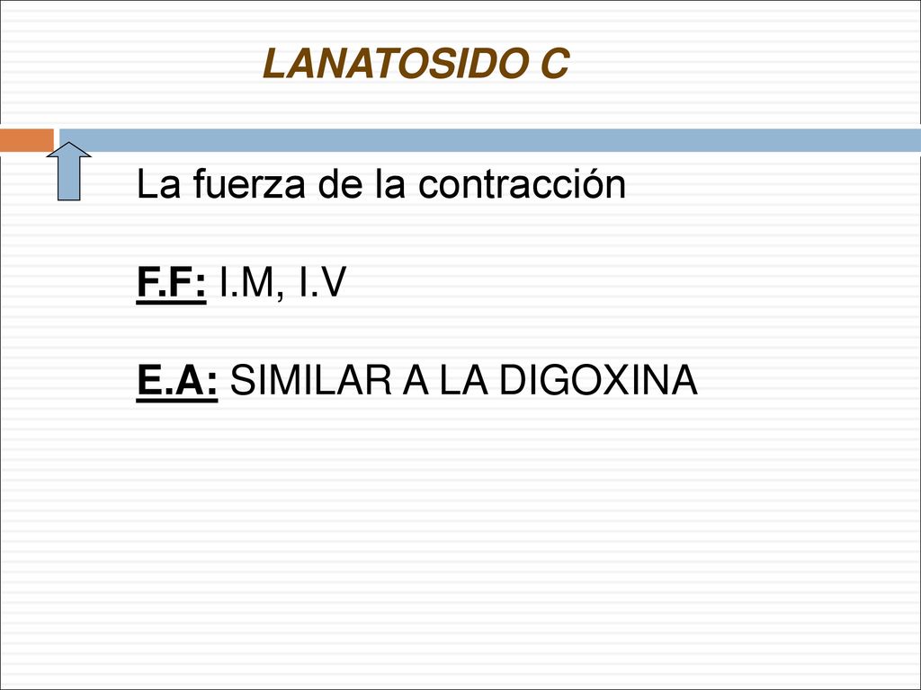 LANATOSIDO C La fuerza de la contracción F.F: I.M, I.V E.A: SIMILAR A LA DIGOXINA