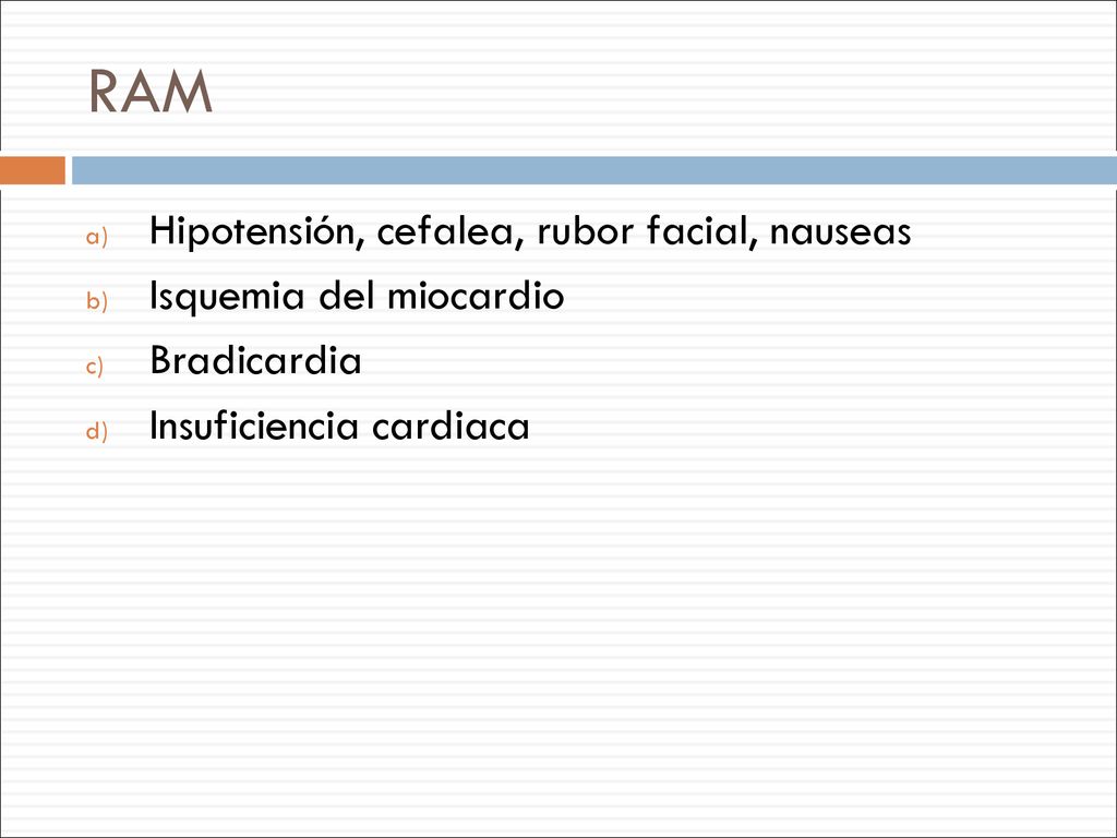 RAM Hipotensión, cefalea, rubor facial, nauseas Isquemia del miocardio