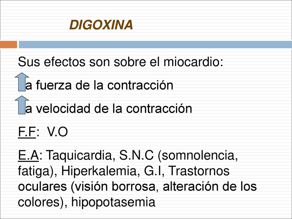 DIGOXINA Sus efectos son sobre el miocardio: La fuerza de la contracción. La velocidad de la contracción.