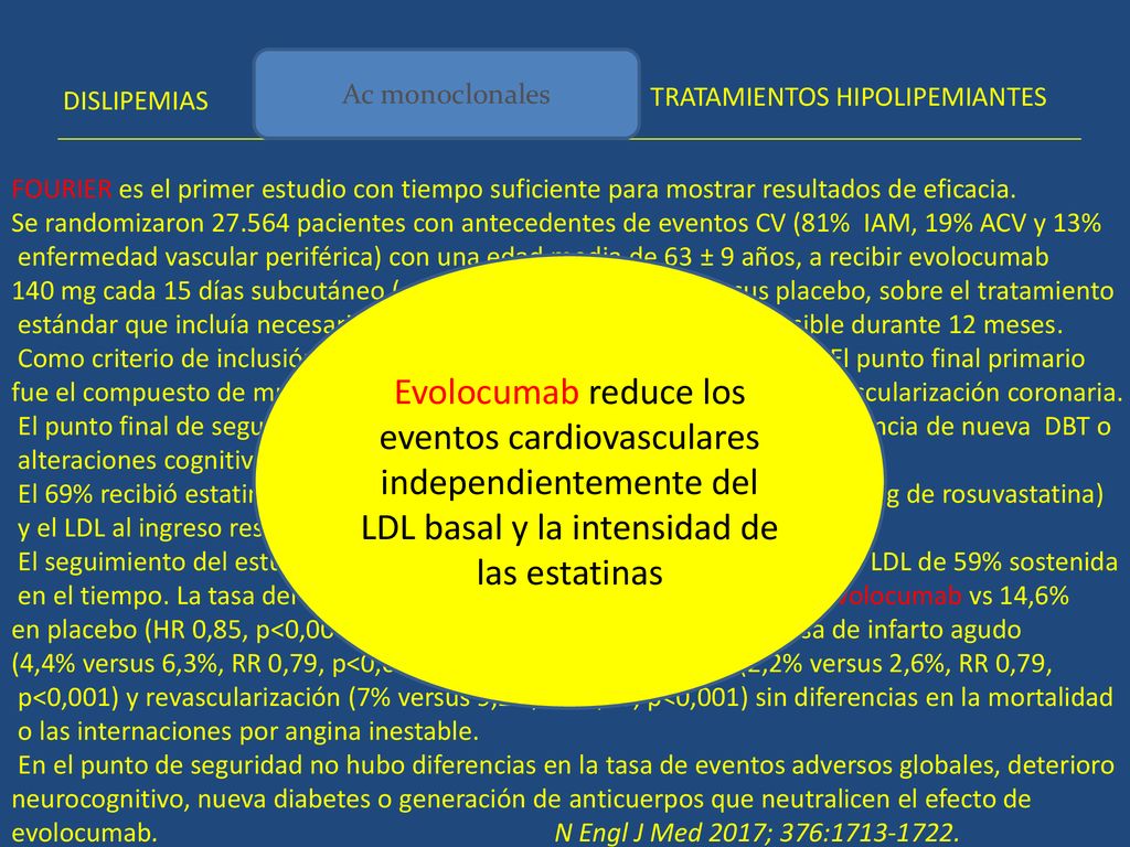 Ac monoclonales DISLIPEMIAS. TRATAMIENTOS HIPOLIPEMIANTES. FOURIER es el primer estudio con tiempo suficiente para mostrar resultados de eficacia.