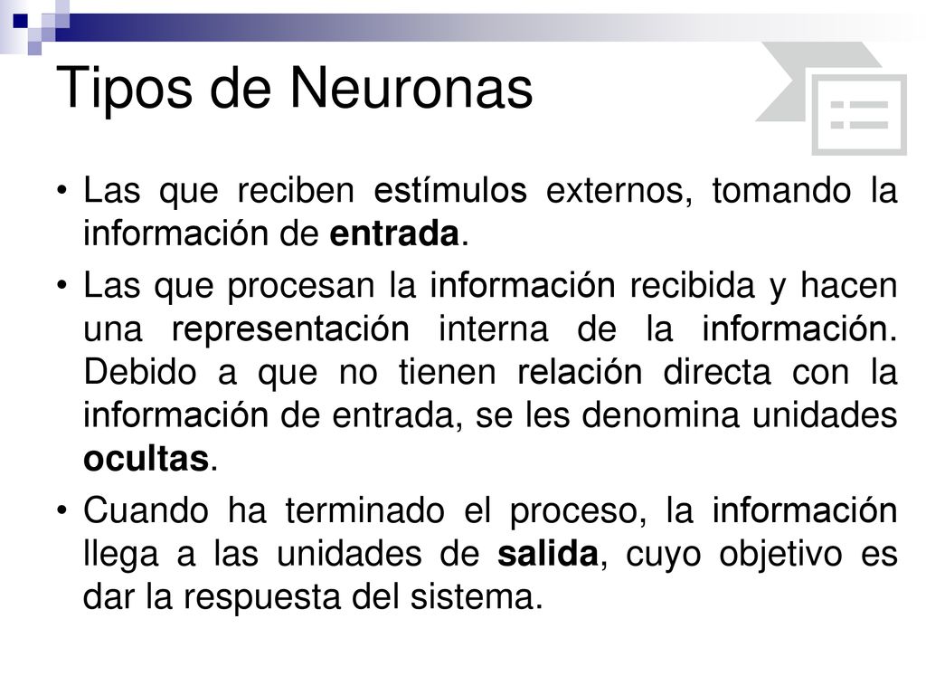 Tipos de Neuronas Las que reciben estímulos externos, tomando la información de entrada.