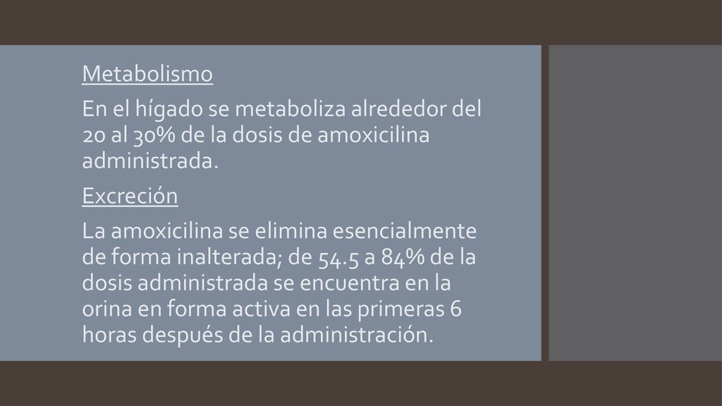 Metabolismo En el hígado se metaboliza alrededor del 20 al 30% de la dosis de amoxicilina administrada.