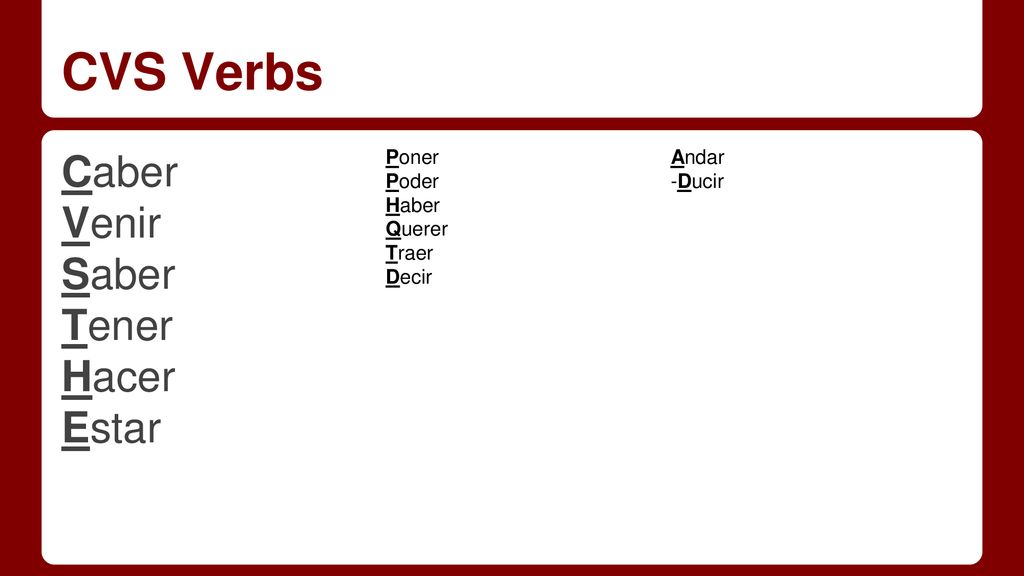 CVS Verbs Caber Venir Saber Tener Hacer Estar Poner Poder Haber Querer