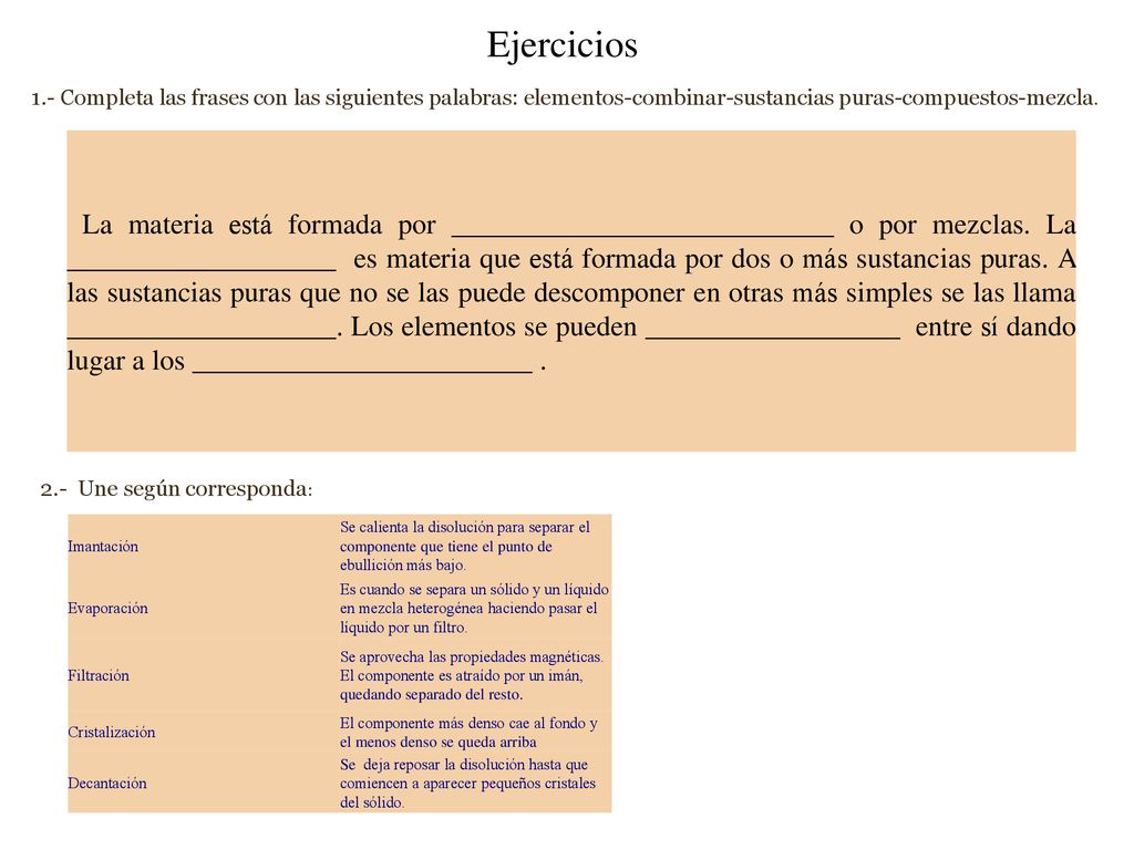 Ejercicios 1.- Completa las frases con las siguientes palabras: elementos-combinar-sustancias puras-compuestos-mezcla.