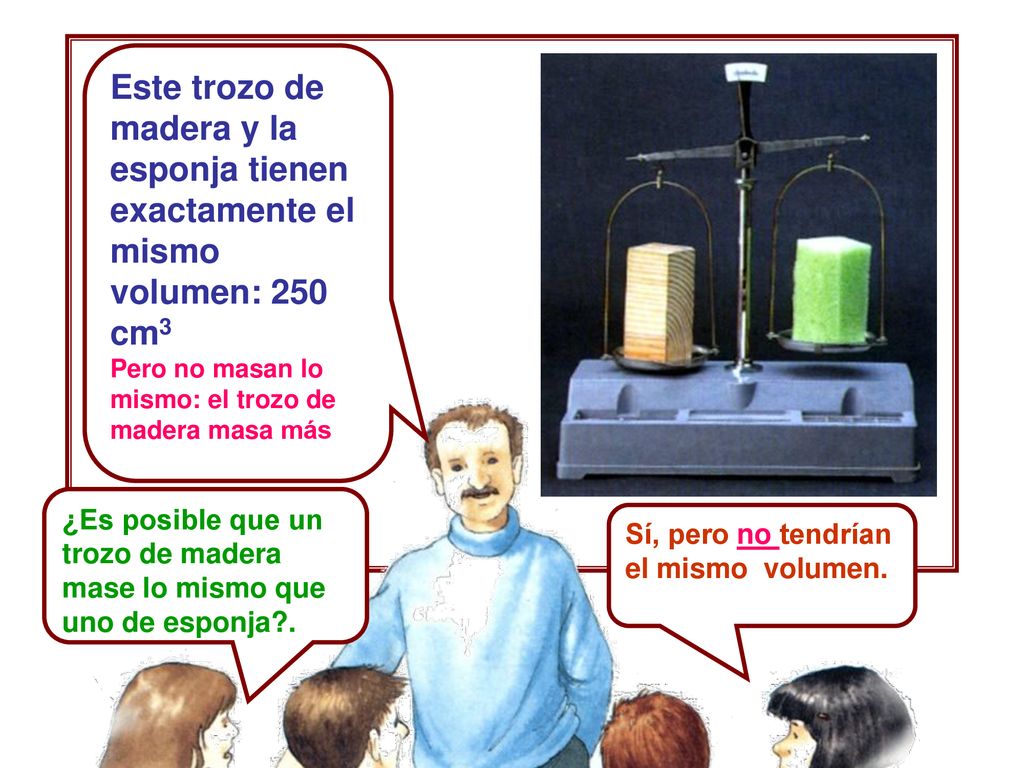 Este trozo de madera y la esponja tienen exactamente el mismo volumen: 250 cm3