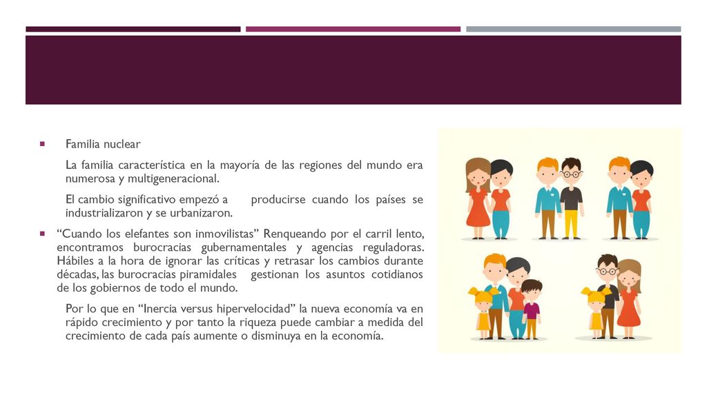 Familia nuclear La familia característica en la mayoría de las regiones del mundo era numerosa y multigeneracional.