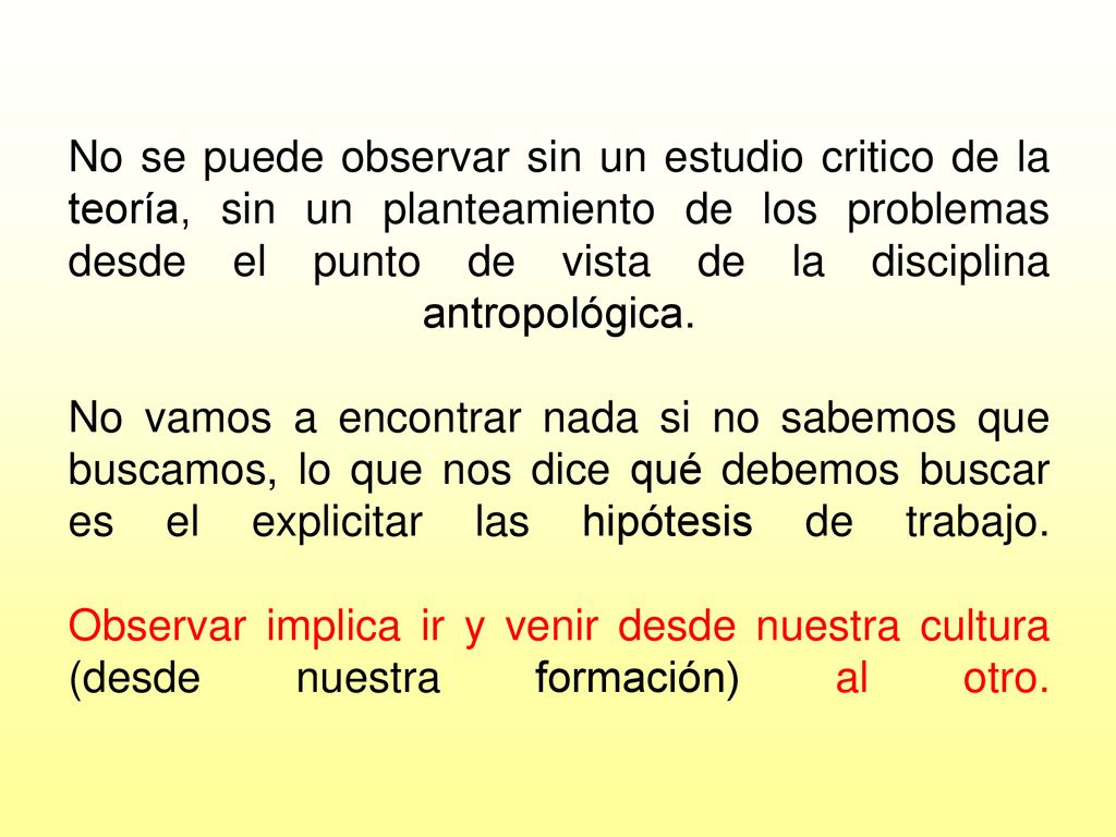 No se puede observar sin un estudio critico de la teoría, sin un planteamiento de los problemas desde el punto de vista de la disciplina antropológica.