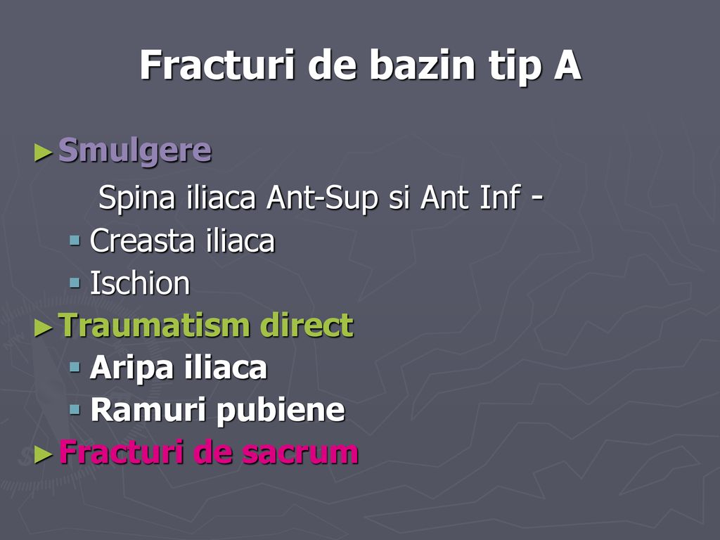 Fracturi de bazin tip A Spina iliaca Ant-Sup si Ant Inf - Smulgere