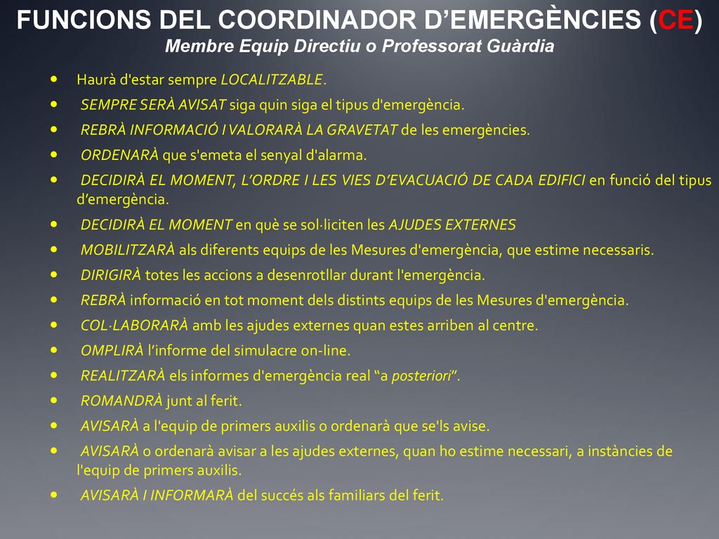 FUNCIONS DEL COORDINADOR D’EMERGÈNCIES (CE) Membre Equip Directiu o Professorat Guàrdia