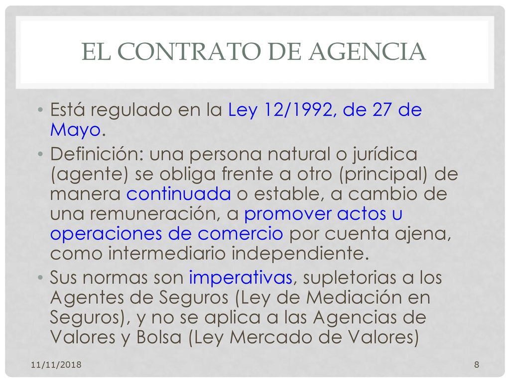 El contrato de agencia Está regulado en la Ley 12/1992, de 27 de Mayo.