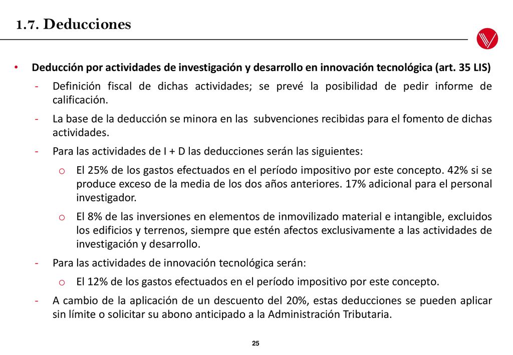 1.7. Deducciones Deducción por actividades de investigación y desarrollo en innovación tecnológica (art. 35 LIS)