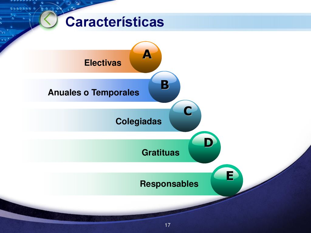 Características A B C D E Electivas Anuales o Temporales Colegiadas