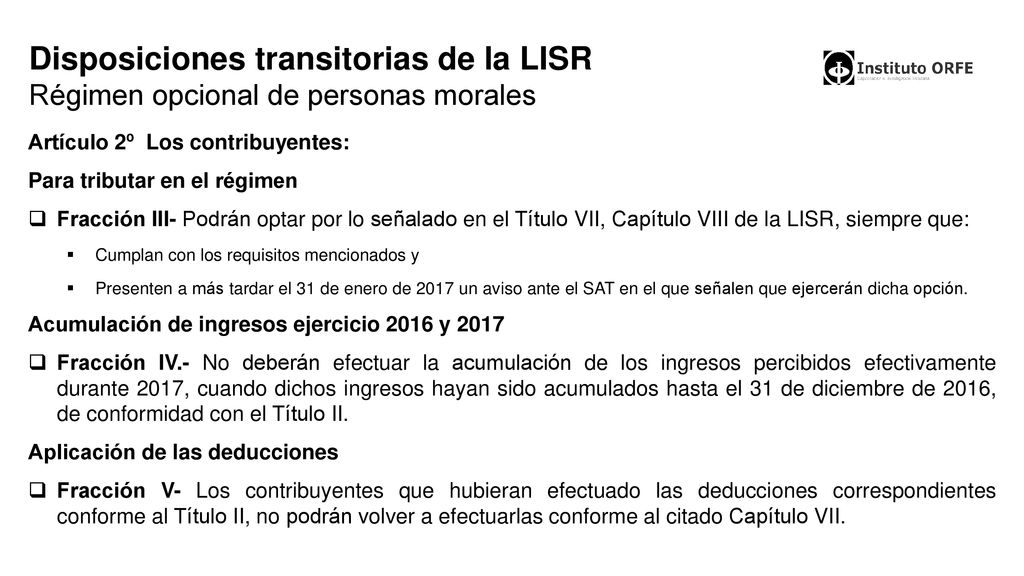 Disposiciones transitorias de la LISR Régimen opcional de personas morales