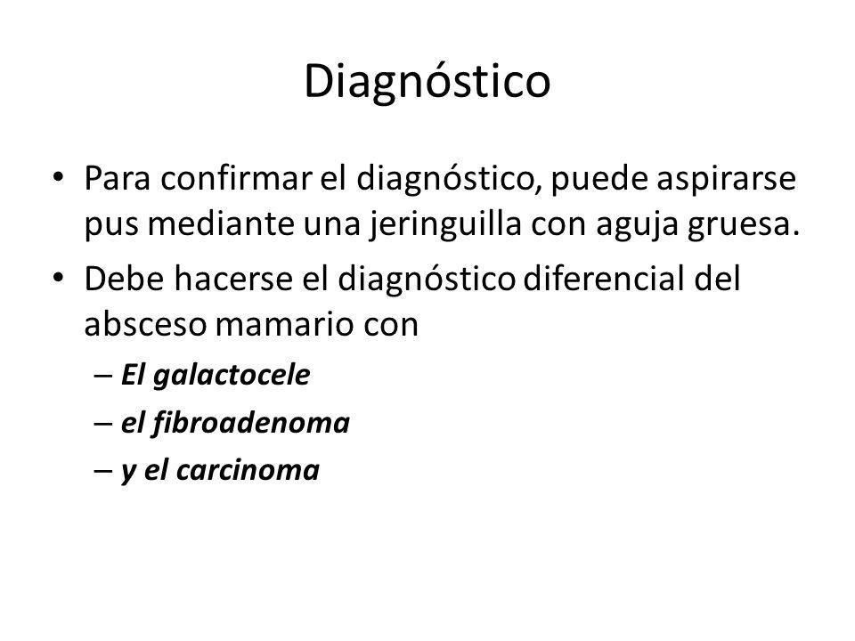 Diagnóstico Para confirmar el diagnóstico, puede aspirarse pus mediante una jeringuilla con aguja gruesa.
