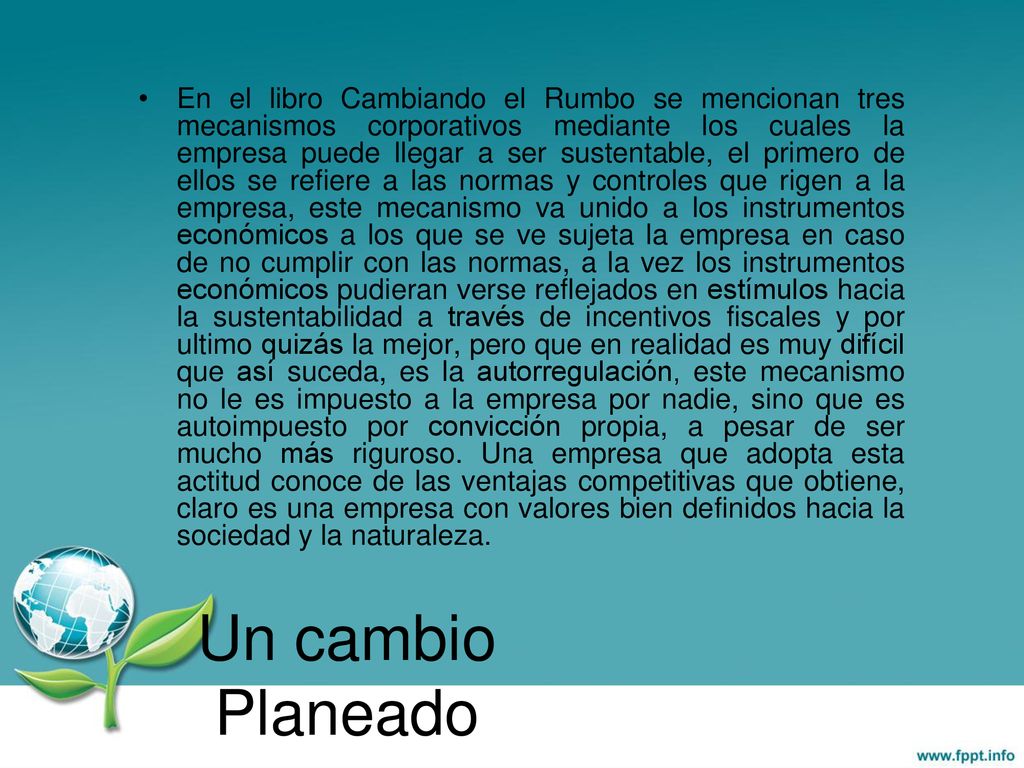 En el libro Cambiando el Rumbo se mencionan tres mecanismos corporativos mediante los cuales la empresa puede llegar a ser sustentable, el primero de ellos se refiere a las normas y controles que rigen a la empresa, este mecanismo va unido a los instrumentos económicos a los que se ve sujeta la empresa en caso de no cumplir con las normas, a la vez los instrumentos económicos pudieran verse reflejados en estímulos hacia la sustentabilidad a través de incentivos fiscales y por ultimo quizás la mejor, pero que en realidad es muy difícil que así suceda, es la autorregulación, este mecanismo no le es impuesto a la empresa por nadie, sino que es autoimpuesto por convicción propia, a pesar de ser mucho más riguroso. Una empresa que adopta esta actitud conoce de las ventajas competitivas que obtiene, claro es una empresa con valores bien definidos hacia la sociedad y la naturaleza.