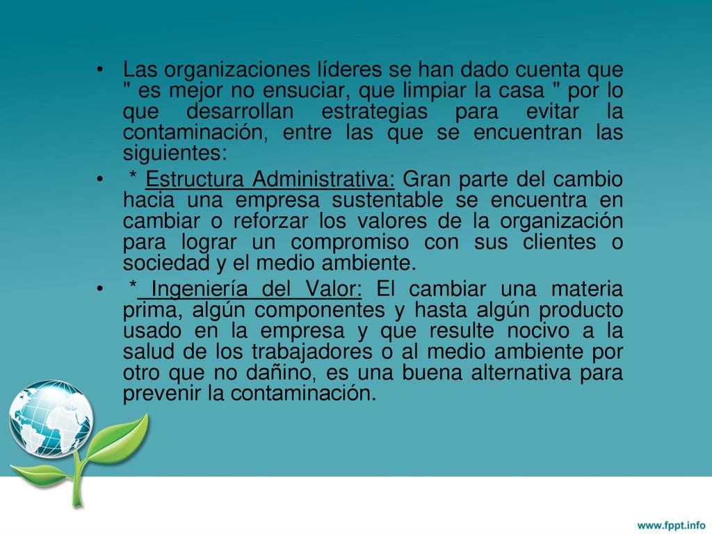 Las organizaciones líderes se han dado cuenta que es mejor no ensuciar, que limpiar la casa por lo que desarrollan estrategias para evitar la contaminación, entre las que se encuentran las siguientes: