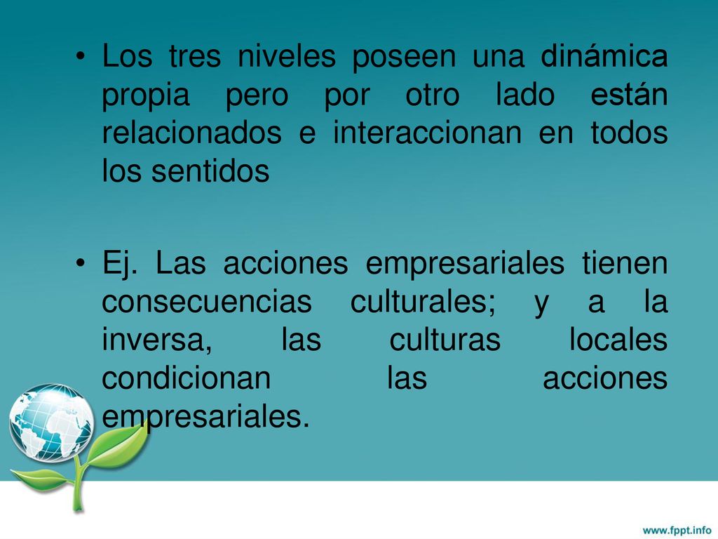 Los tres niveles poseen una dinámica propia pero por otro lado están relacionados e interaccionan en todos los sentidos