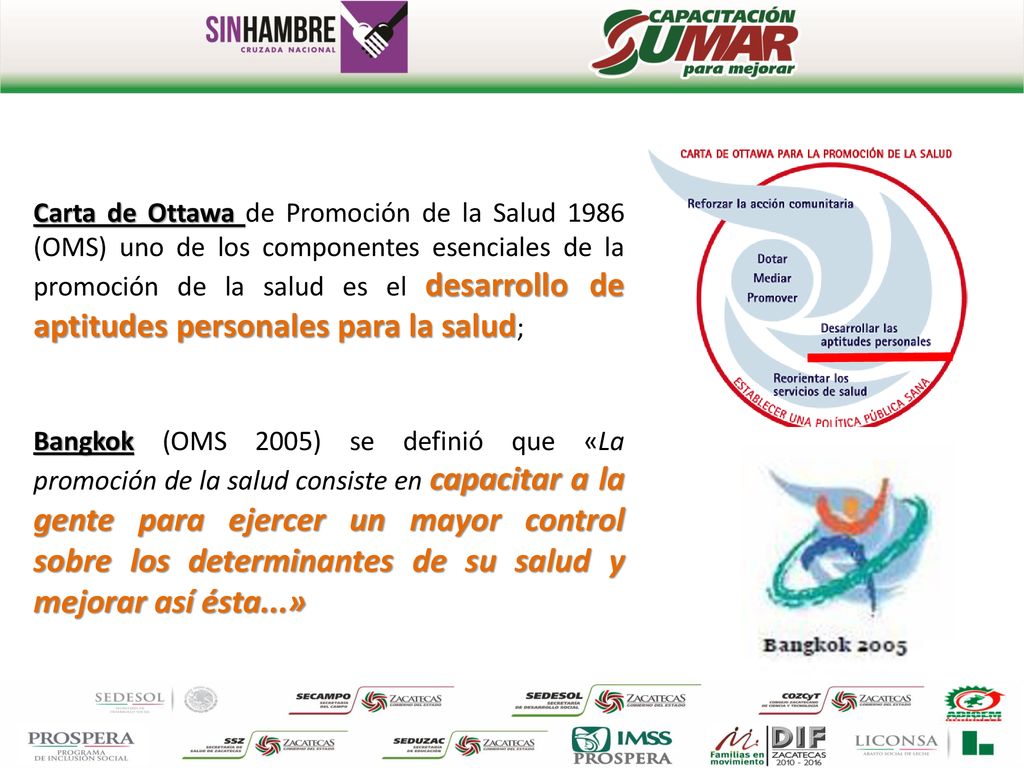 Carta de Ottawa de Promoción de la Salud 1986 (OMS) uno de los componentes esenciales de la promoción de la salud es el desarrollo de aptitudes personales para la salud;