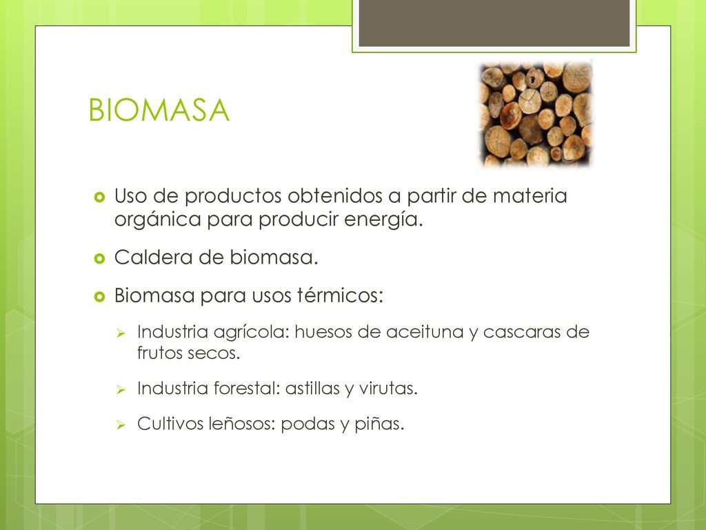 BIOMASA Uso de productos obtenidos a partir de materia orgánica para producir energía. Caldera de biomasa.