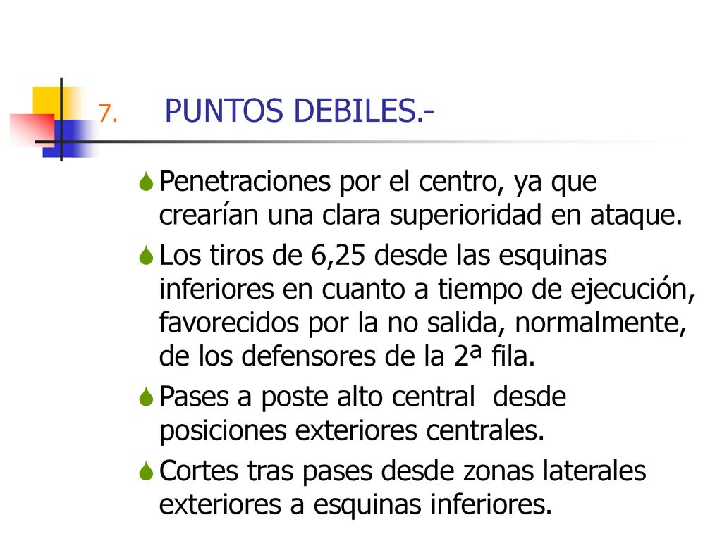 PUNTOS DEBILES.- Penetraciones por el centro, ya que crearían una clara superioridad en ataque.