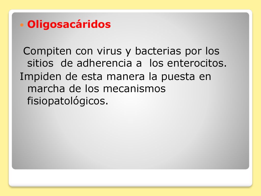 Oligosacáridos Compiten con virus y bacterias por los sitios de adherencia a los enterocitos.