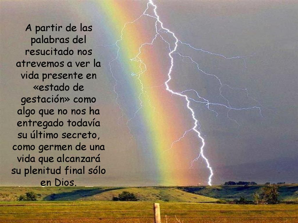 A partir de las palabras del resucitado nos atrevemos a ver la vida presente en «estado de gestación» como algo que no nos ha entregado todavía su último secreto, como germen de una vida que alcanzará su plenitud final sólo en Dios.
