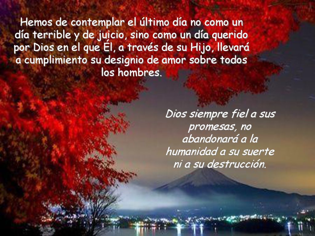Hemos de contemplar el último día no como un día terrible y de juicio, sino como un día querido por Dios en el que Él, a través de su Hijo, llevará a cumplimiento su designio de amor sobre todos los hombres.