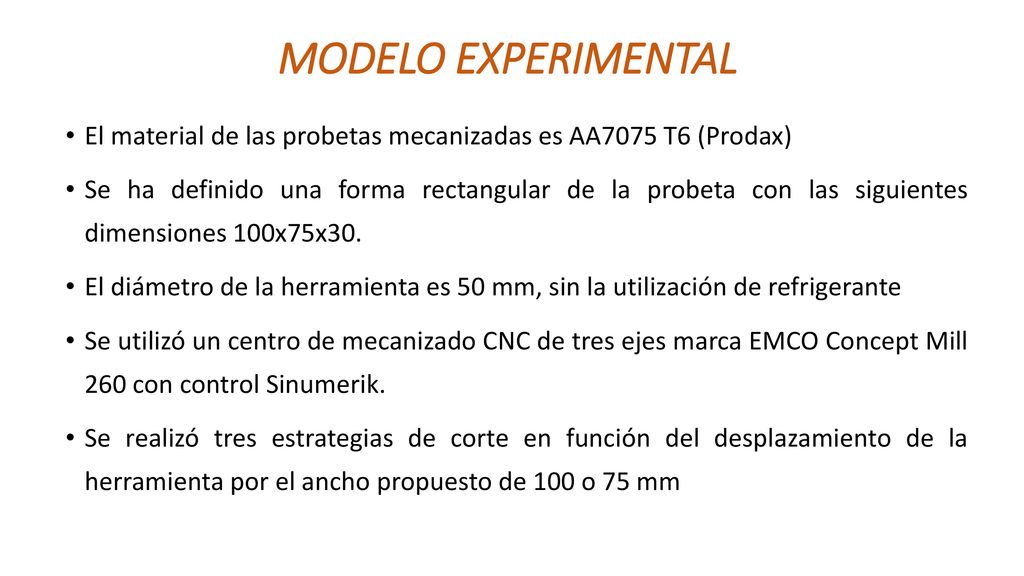 MODELO EXPERIMENTAL El material de las probetas mecanizadas es AA7075 T6 (Prodax)
