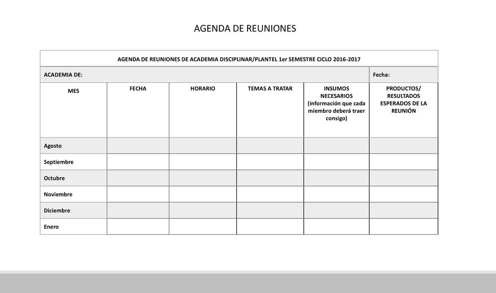 AGENDA DE REUNIONES AGENDA DE REUNIONES DE ACADEMIA DISCIPLINAR/PLANTEL 1er SEMESTRE CICLO